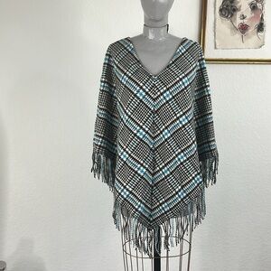 Burberry VTG Cashmere Plaid Tartan Fringe Cape Capelette Shawl 90s